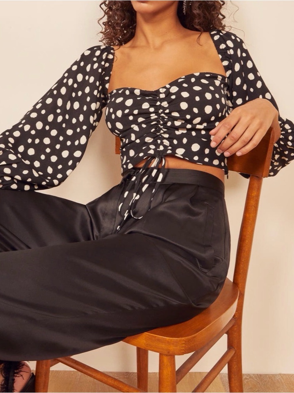 Reformation Black & White Polka Dot Ruched Crop Top